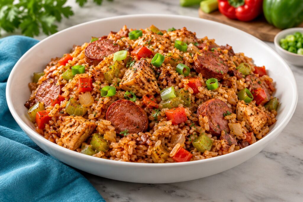 Smoked sausage, peppers and scallions