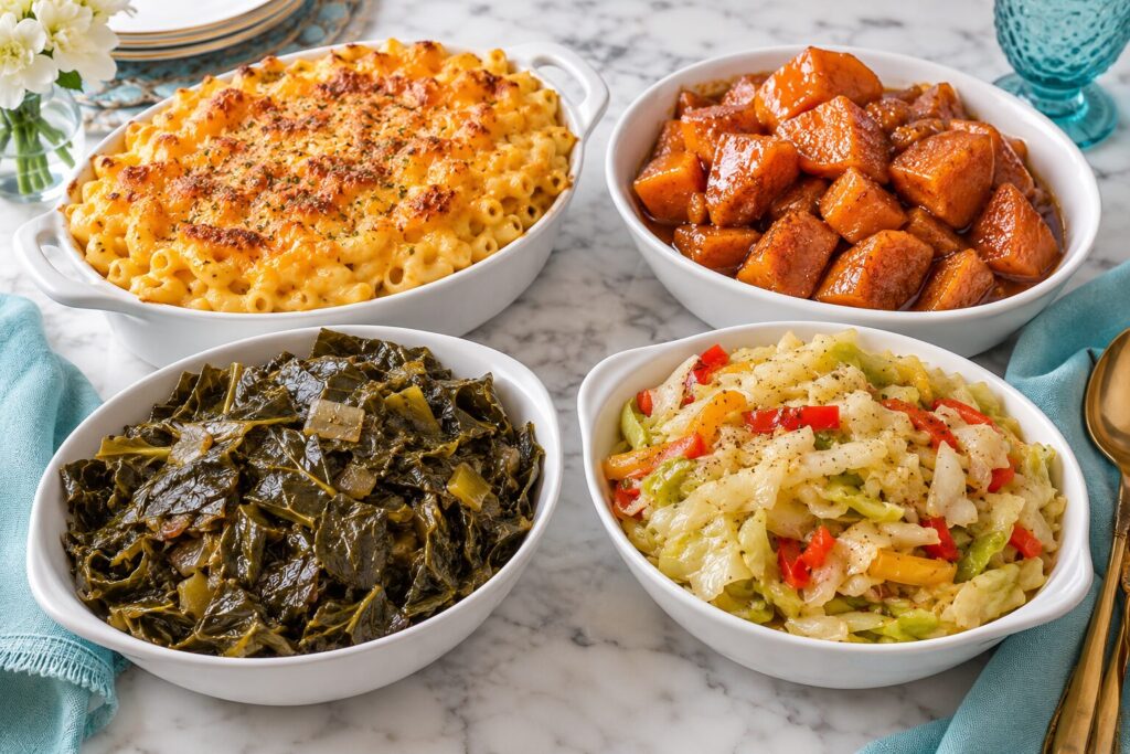 Mac & cheese, yams, greens and cabbage