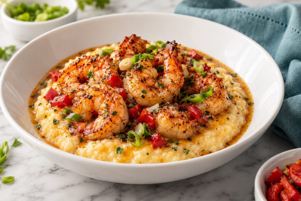 Cajun shrimp over creamy grits