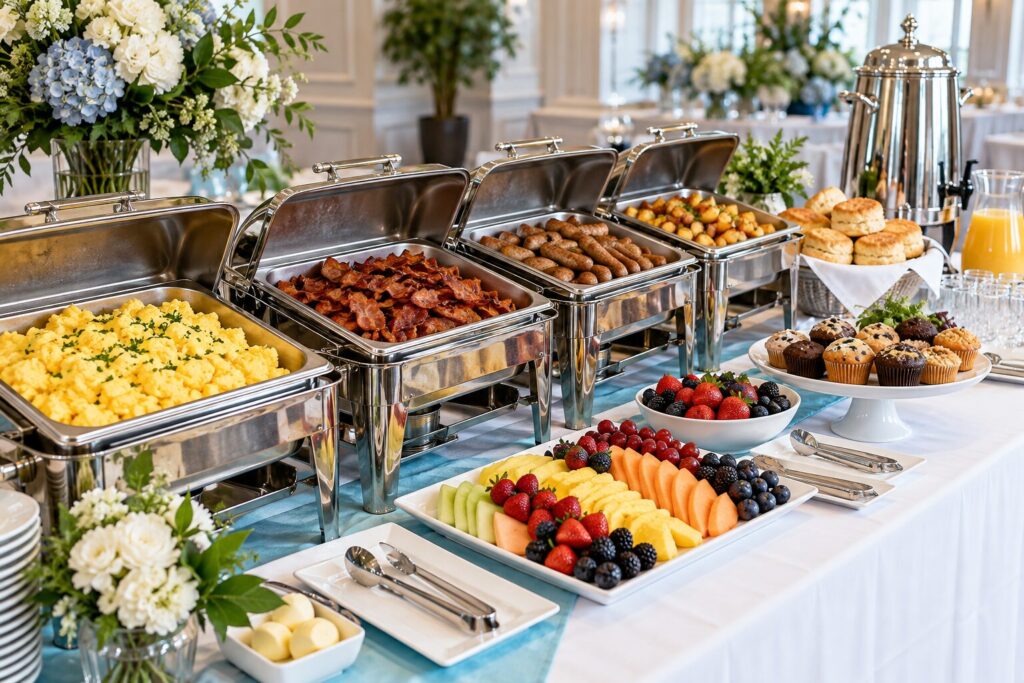 Eggs, bacon, sausage, biscuits and fruit