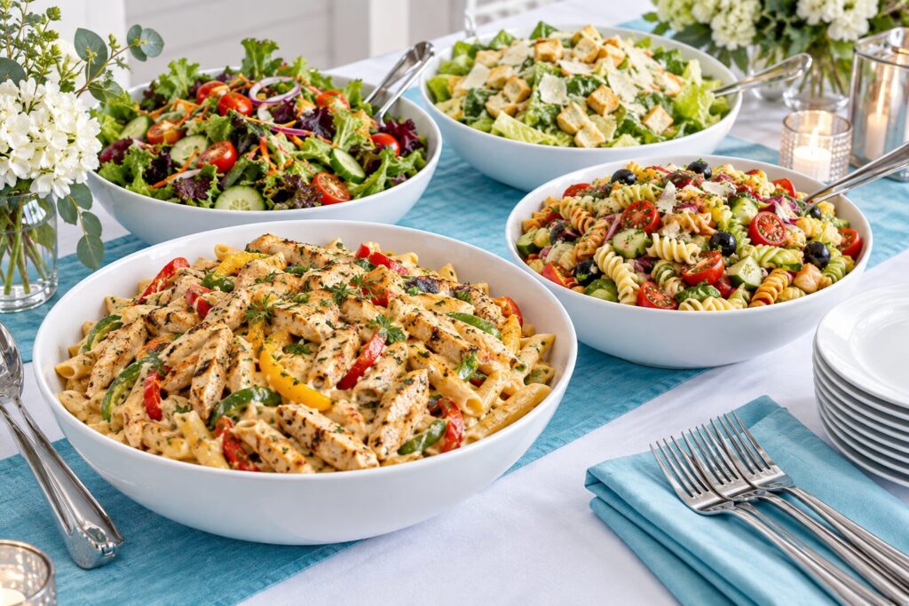 Cajun chicken pasta, garden and Caesar salads
